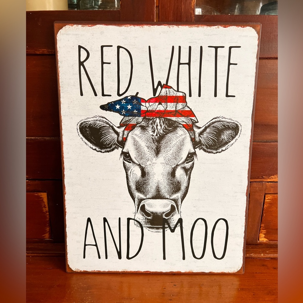 New Red White And Moo Distressed Metal cow Sign